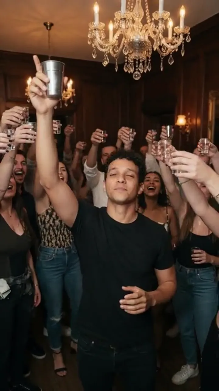 A chandelier-lit party scene with a crowd and a raised silver cup